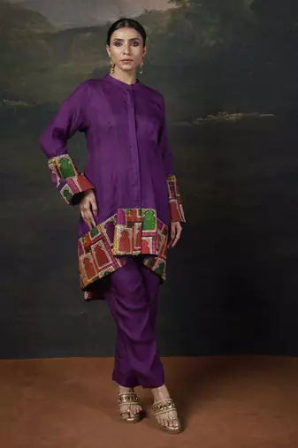 Purple Printed  Silk Kurta With Pant