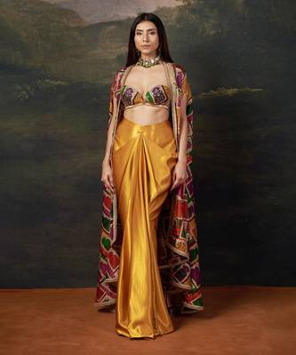 Gold Silk Plain Dhoti With Printed cape & Embroidered Blouse 1