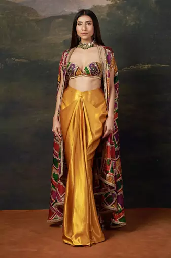 Gold Silk Plain Dhoti With Printed cape & Embroidered Blouse