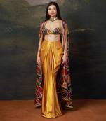 Gold Silk Plain Dhoti With Printed cape & Embroidered Blouse