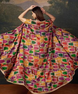 Gold Silk Plain Dhoti With Printed cape & Embroidered Blouse 2