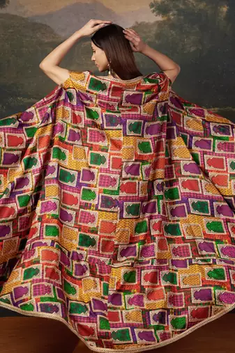 Gold Silk Plain Dhoti With Printed cape & Embroidered Blouse