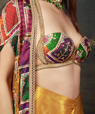 Gold Silk Plain Dhoti With Printed cape & Embroidered Blouse 3