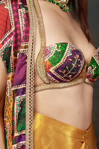 Gold Silk Plain Dhoti With Printed cape & Embroidered Blouse