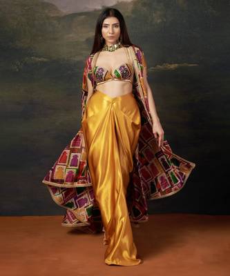Gold Silk Plain Dhoti With Printed cape & Embroidered Blouse 4