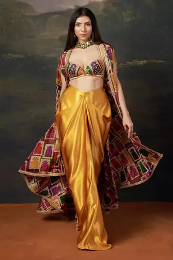 Gold Silk Plain Dhoti With Printed cape & Embroidered Blouse