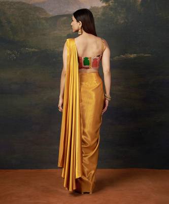 gold Plain silk saree with printed blouse 4