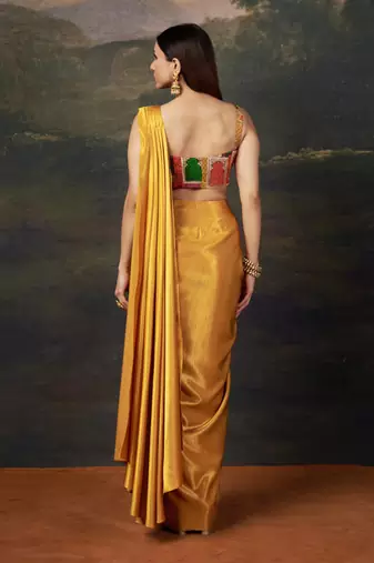 gold Plain silk saree with printed blouse