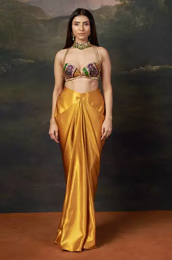 Gold Silk Plain Dhoti With Printed cape & Embroidered Blouse