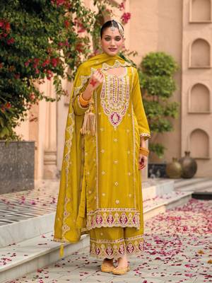 Yellow embroidered chinon palazzo style salwar suit 1