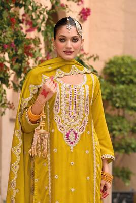 Yellow embroidered chinon palazzo style salwar suit 2