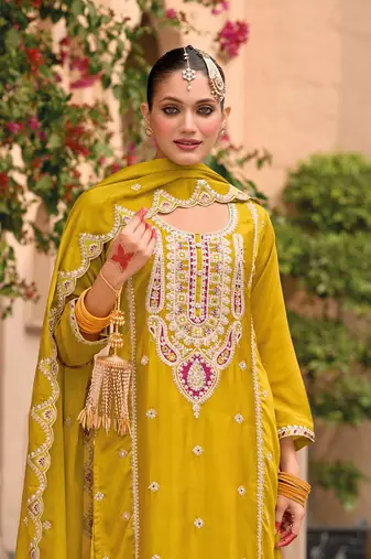 Yellow embroidered chinon palazzo style salwar suit