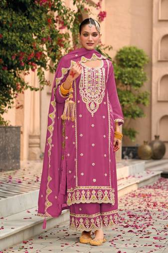 Pink embroidered chinon semi-palazzo style salwar suit