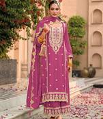 Pink embroidered chinon semi-palazzo style salwar suit
