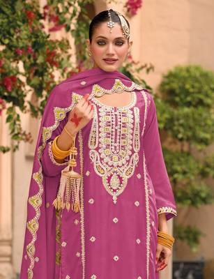 Pink embroidered chinon palazzo style salwar suit 2
