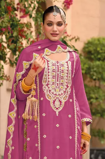 Pink embroidered chinon palazzo style salwar suit