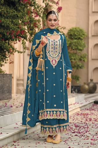 Blue embroidered chinon semi-palazzo style salwar suit