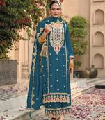 Blue embroidered chinon semi-palazzo style salwar suit