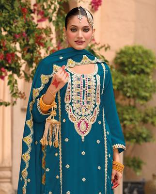 Blue embroidered chinon palazzo style salwar suit 2
