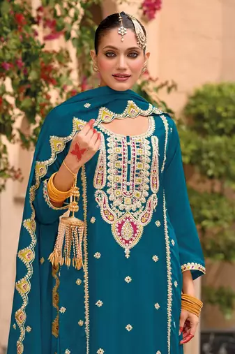 Blue embroidered chinon palazzo style salwar suit