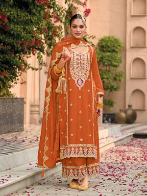 Orange embroidered chinon palazzo style salwar suit 1