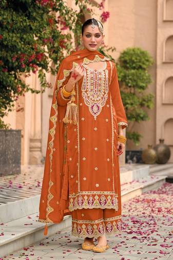 Orange embroidered chinon semi-palazzo style salwar suit