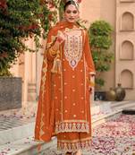 Orange embroidered chinon semi-palazzo style salwar suit