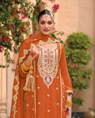 Orange embroidered chinon palazzo style salwar suit 2