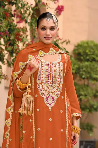 Orange embroidered chinon palazzo style salwar suit