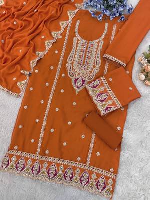 Orange embroidered chinon palazzo style salwar suit 3