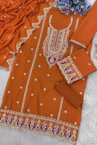 Orange embroidered chinon palazzo style salwar suit