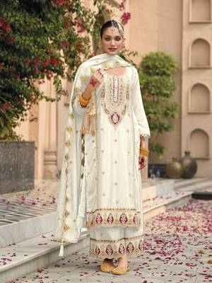 White embroidered chinon palazzo style salwar suit 1