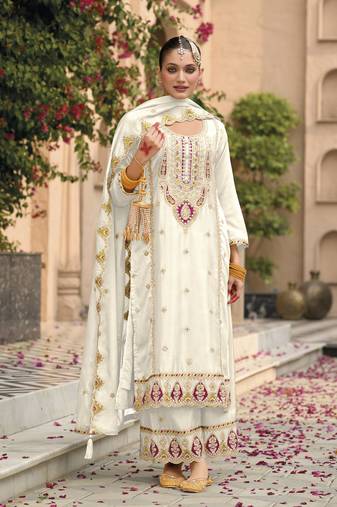 White embroidered chinon semi-palazzo style salwar suit