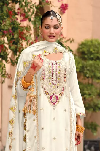 White embroidered chinon palazzo style salwar suit