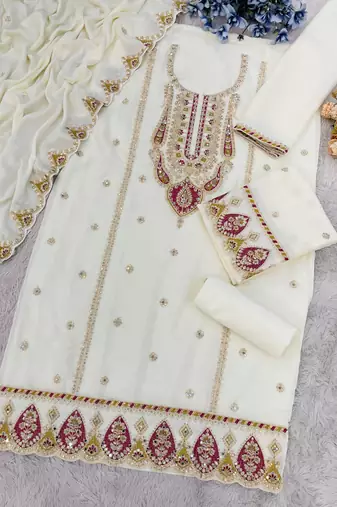White embroidered chinon palazzo style salwar suit
