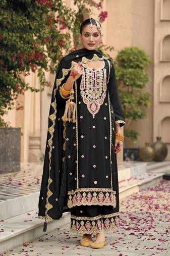 Black embroidered chinon semi-palazzo style salwar suit