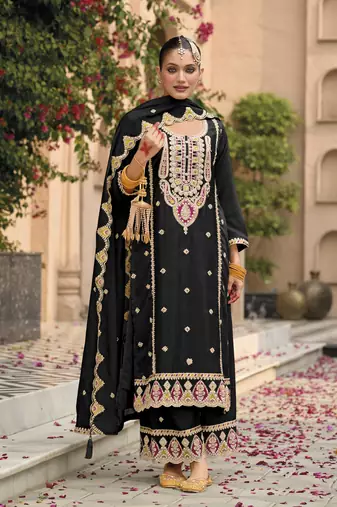 Black embroidered chinon semi-palazzo style salwar suit
