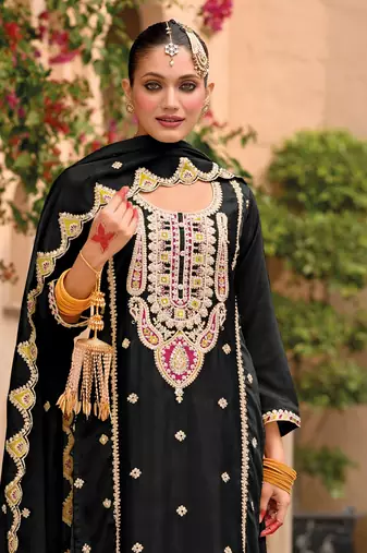 Black embroidered chinon palazzo style salwar suit