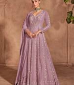 Pink embroidered chinon semi-stitched anarkali salwar suit
