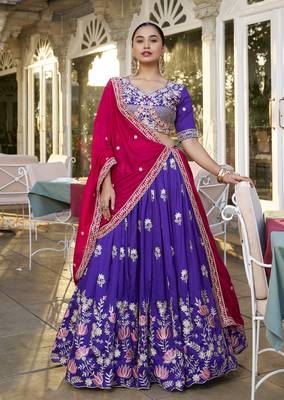 Blue dori and sequins embroidered Vichitra Silk indian wedding stitched lehenga dress 5