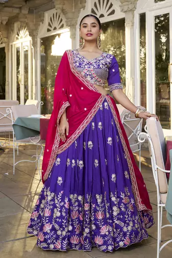 Blue dori and sequins embroidered Vichitra Silk indian wedding stitched lehenga dress