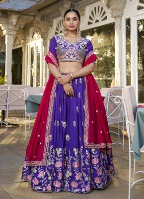 Blue dori and sequins embroidered Vichitra Silk indian wedding stitched lehenga dress 6