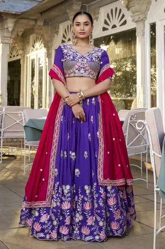 Blue dori and sequins embroidered Vichitra Silk indian wedding stitched lehenga dress