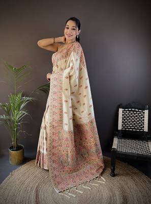 white silk blend  meena weaving  pashmina work kashmiri saree 1