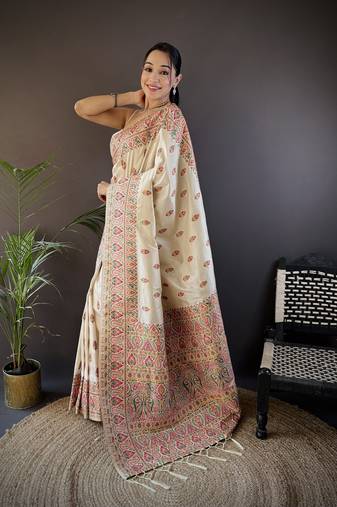 white silk blend  meena weaving  pashmina work kashmiri saree
