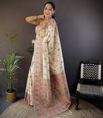 white silk blend  meena weaving  pashmina work kashmiri saree