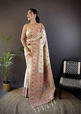 white silk blend  meena weaving  pashmina work kashmiri saree 2