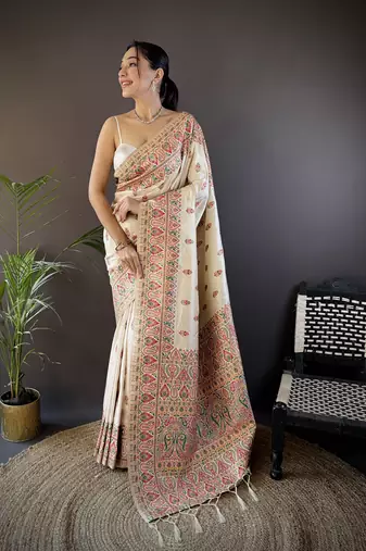 white silk blend  meena weaving  pashmina work kashmiri saree