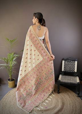 white silk blend  meena weaving  pashmina work kashmiri saree 3