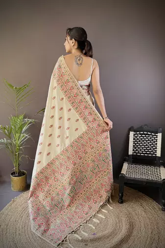 white silk blend  meena weaving  pashmina work kashmiri saree